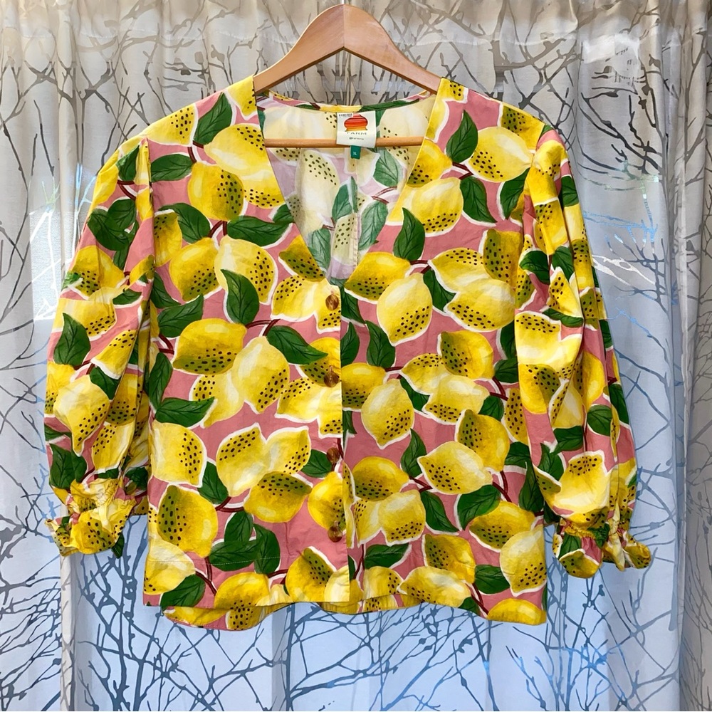 FARM RIO FRESH LEMONS PUFF SLEEVE SHIRT yellow green print balloon button up top - Picture 5 of 10